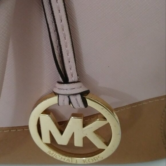 Michael Kors Satchel Bag Purse Double Handle Logo Charm Pink/Tan - Picture 15 of 16